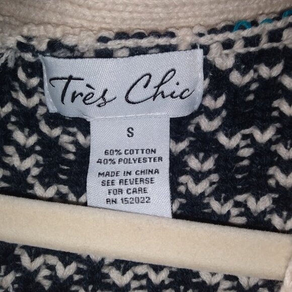 Tres Chic: Christmas/Holyday cream, blue & red sweater. Size small. - Picture 2 of 3